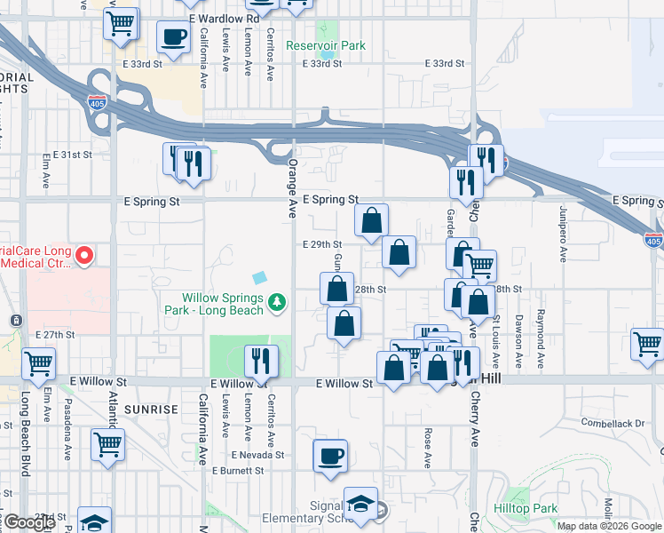 map of restaurants, bars, coffee shops, grocery stores, and more near 2859 Gundry Avenue in Signal Hill