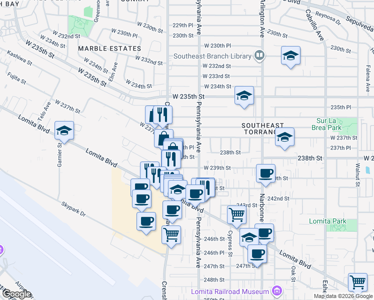 map of restaurants, bars, coffee shops, grocery stores, and more near 2432 237th Place in Torrance
