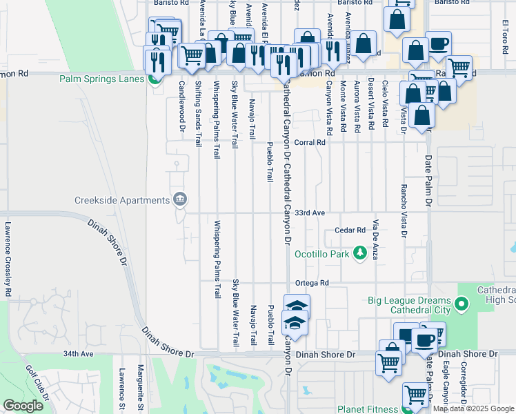 map of restaurants, bars, coffee shops, grocery stores, and more near 32956 Navajo Trail in Cathedral City