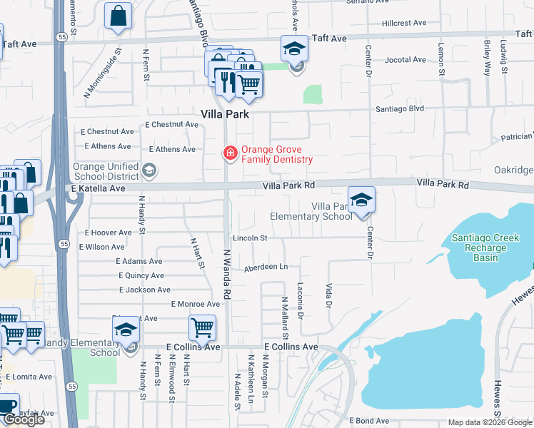 map of restaurants, bars, coffee shops, grocery stores, and more near 10582 Beardsley Circle in Villa Park