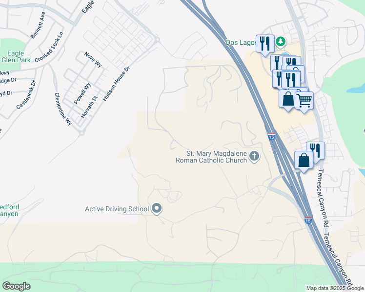 map of restaurants, bars, coffee shops, grocery stores, and more near North Weirick Road in Corona