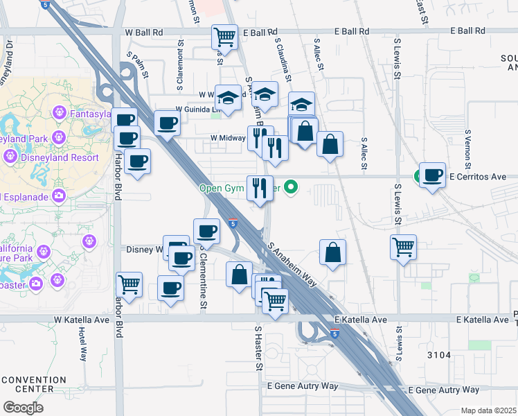 map of restaurants, bars, coffee shops, grocery stores, and more near 1552 South Anaheim Boulevard in Anaheim