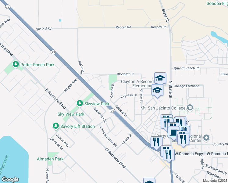 map of restaurants, bars, coffee shops, grocery stores, and more near 1625 Cortina Drive in San Jacinto