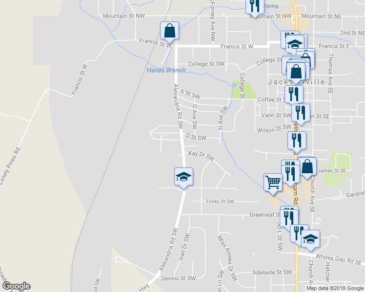 map of restaurants, bars, coffee shops, grocery stores, and more near 671 Alexandria Road Southwest in Jacksonville