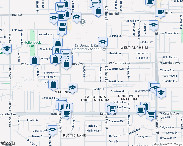 map of restaurants, bars, coffee shops, grocery stores, and more near 9308 Tina Way in Anaheim