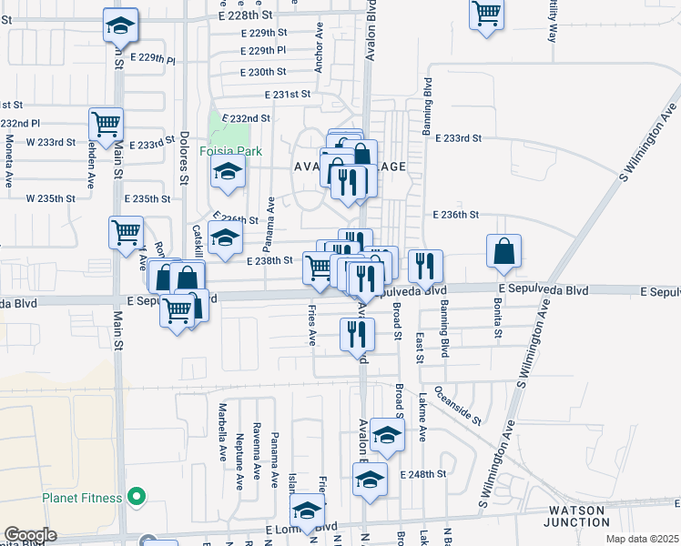 map of restaurants, bars, coffee shops, grocery stores, and more near 544 East 238th Place in Carson