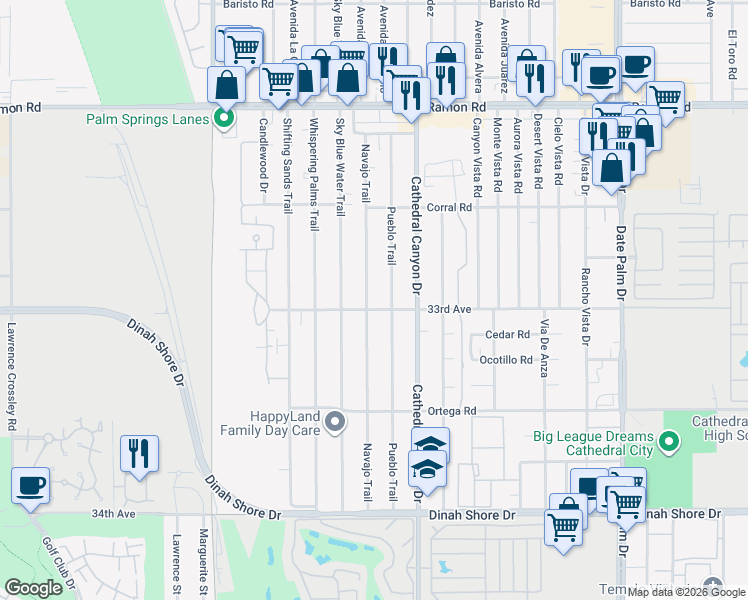 map of restaurants, bars, coffee shops, grocery stores, and more near 32956 Navajo Trail in Cathedral City
