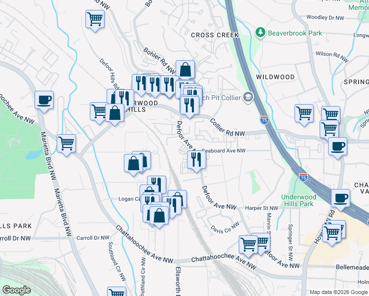 map of restaurants, bars, coffee shops, grocery stores, and more near 1200 Defoor Court Northwest in Atlanta