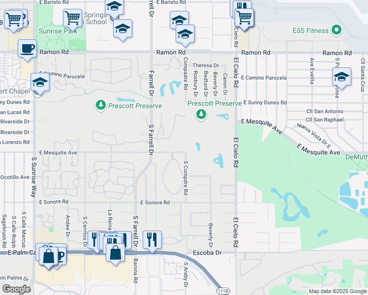 map of restaurants, bars, coffee shops, grocery stores, and more near 2701 East Mesquite Avenue in Palm Springs