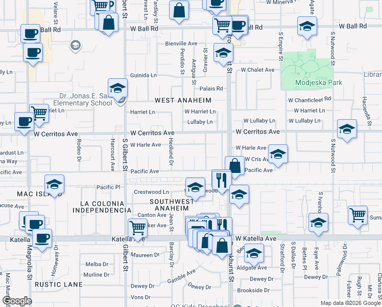 map of restaurants, bars, coffee shops, grocery stores, and more near 10622 Dixie Drive in Anaheim