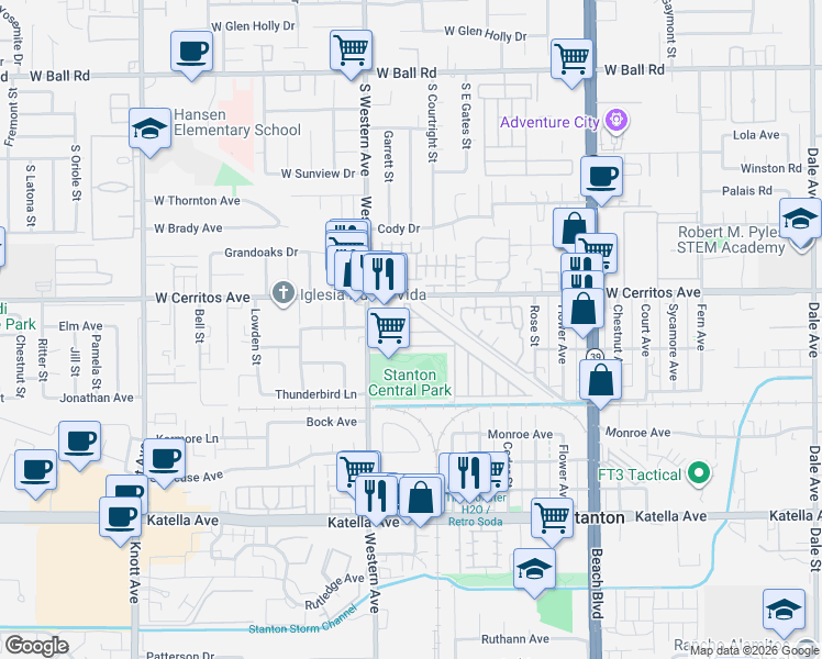 map of restaurants, bars, coffee shops, grocery stores, and more near 10600 Western Avenue in Stanton