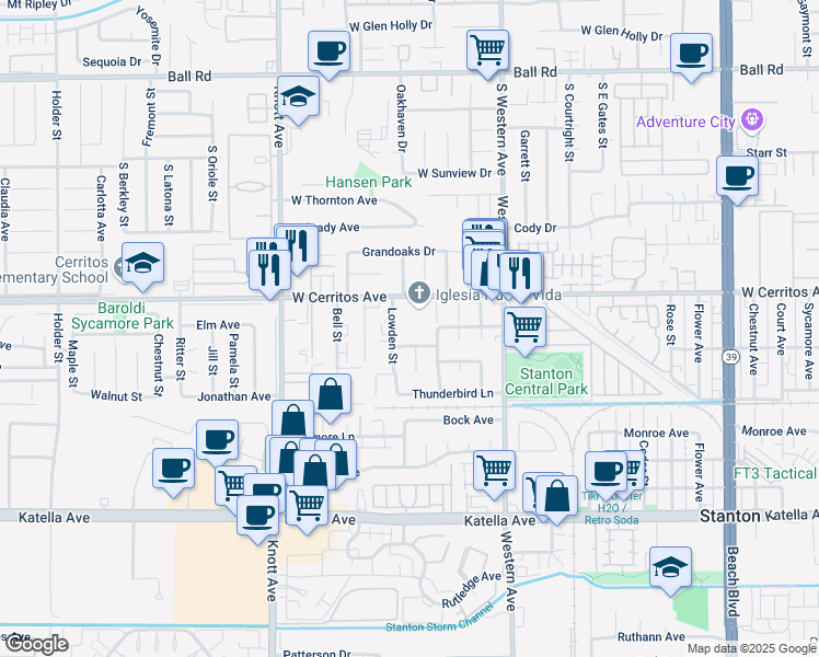 map of restaurants, bars, coffee shops, grocery stores, and more near 7301 Middlesex Drive in Stanton