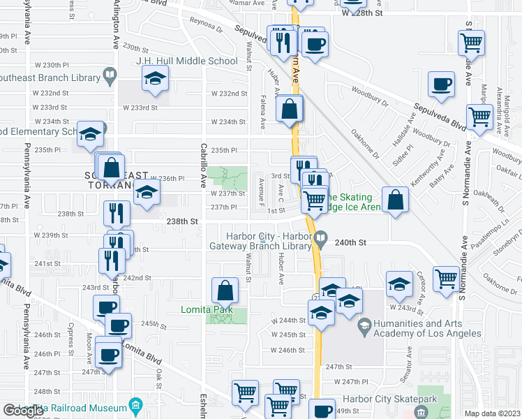map of restaurants, bars, coffee shops, grocery stores, and more near 181 West 238th Street in Torrance