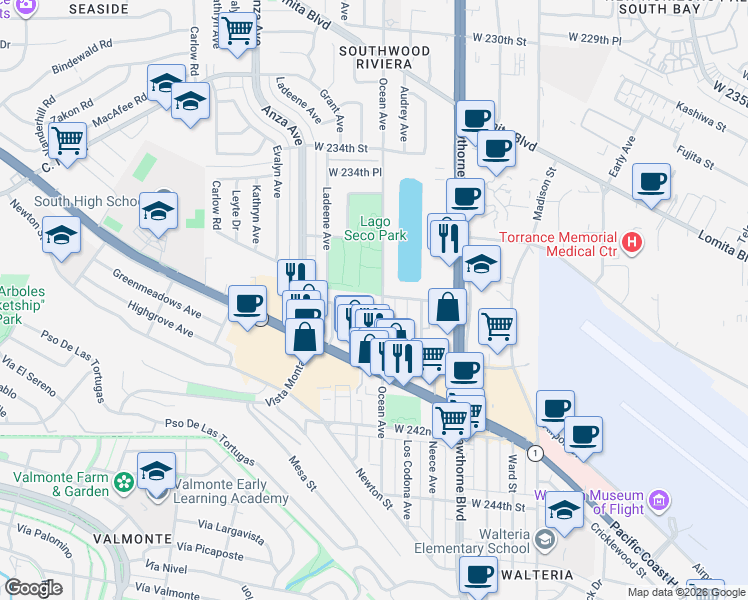 map of restaurants, bars, coffee shops, grocery stores, and more near 23816 Ocean Avenue in Torrance