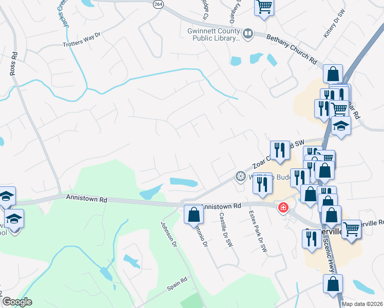 map of restaurants, bars, coffee shops, grocery stores, and more near 3246 Zoar Church Lane in Snellville
