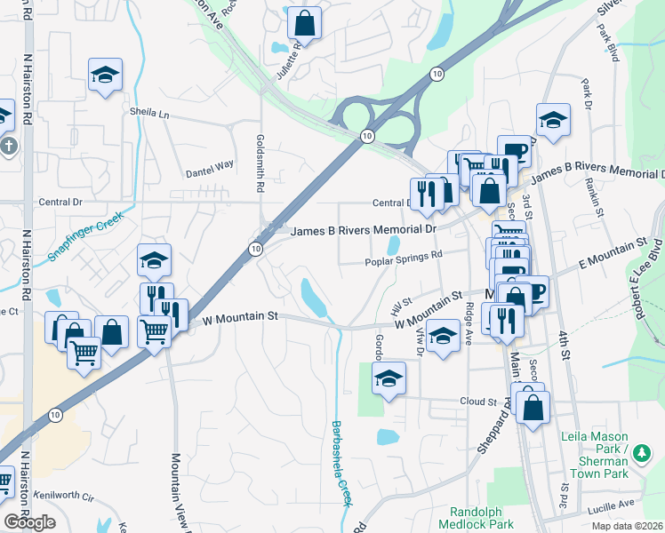 map of restaurants, bars, coffee shops, grocery stores, and more near 1030 Ferndale Street in Stone Mountain