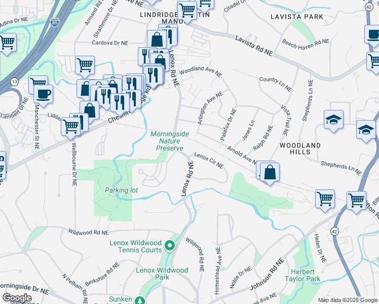 map of restaurants, bars, coffee shops, grocery stores, and more near 1978 Lenox Road Northeast in Atlanta