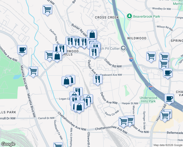map of restaurants, bars, coffee shops, grocery stores, and more near 1200 Defoor Court Northwest in Atlanta