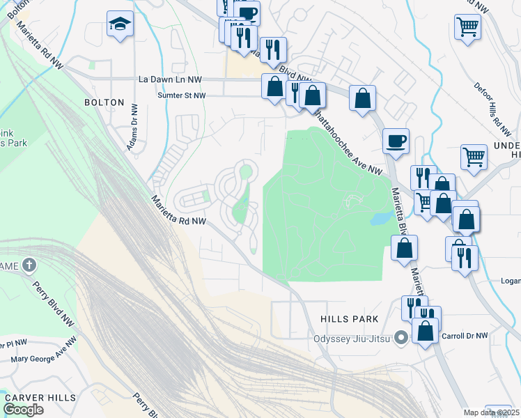 map of restaurants, bars, coffee shops, grocery stores, and more near 1503 Whitehead Bluff Northwest in Atlanta