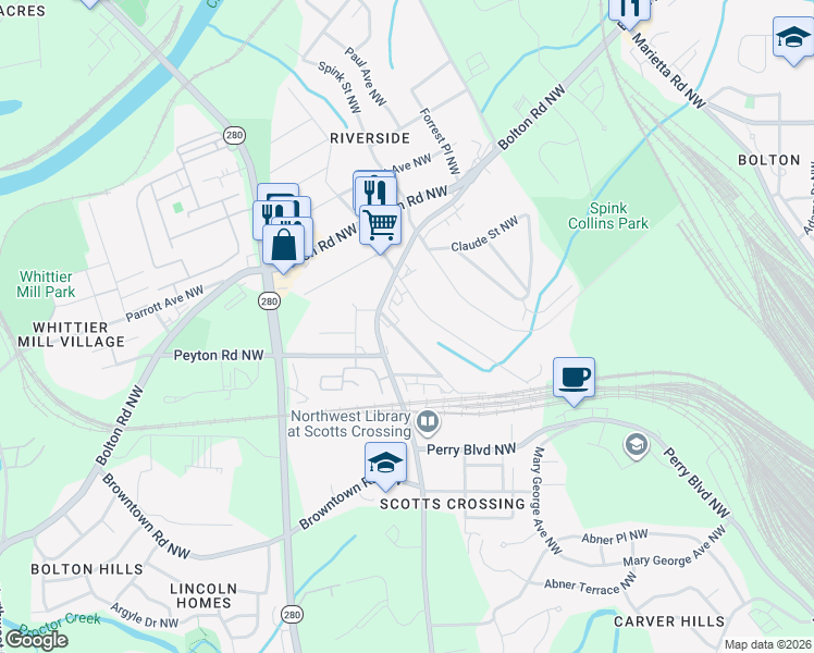 map of restaurants, bars, coffee shops, grocery stores, and more near 1949 Felker Ward Street Northwest in Atlanta