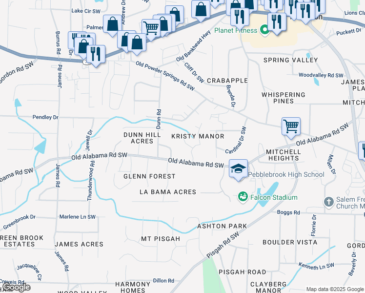 map of restaurants, bars, coffee shops, grocery stores, and more near 1031 Bettina Court in Mableton