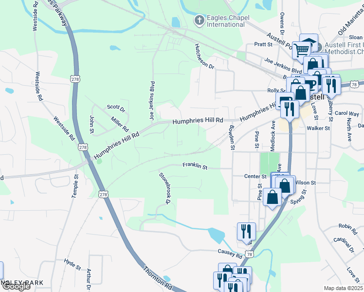 map of restaurants, bars, coffee shops, grocery stores, and more near 5990 Peco Lane in Austell