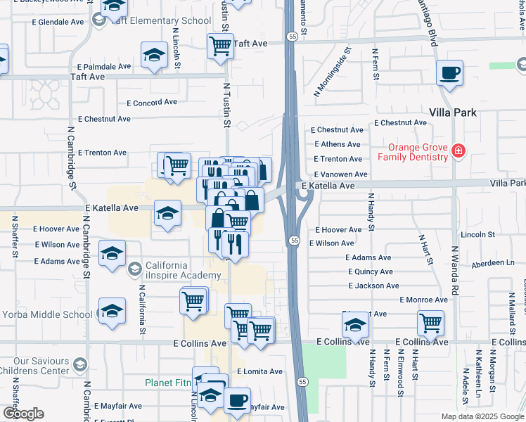 map of restaurants, bars, coffee shops, grocery stores, and more near 1824 East Katella Avenue in Orange