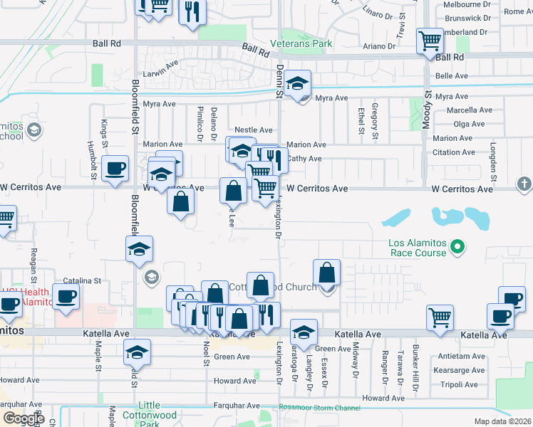 map of restaurants, bars, coffee shops, grocery stores, and more near 4465 Corporate Center Drive in Los Alamitos