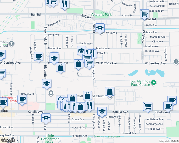 map of restaurants, bars, coffee shops, grocery stores, and more near 4465 Corporate Center Drive in Los Alamitos