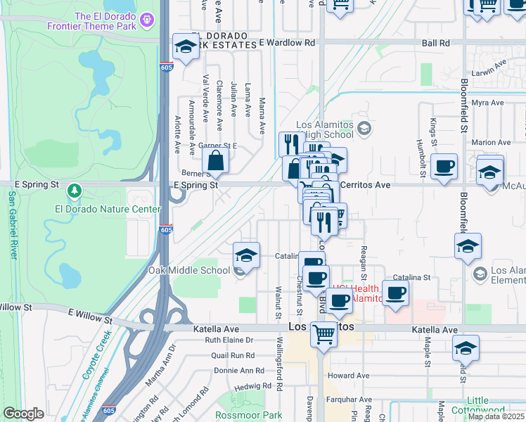 map of restaurants, bars, coffee shops, grocery stores, and more near 10521 Sausalito Court in Los Alamitos