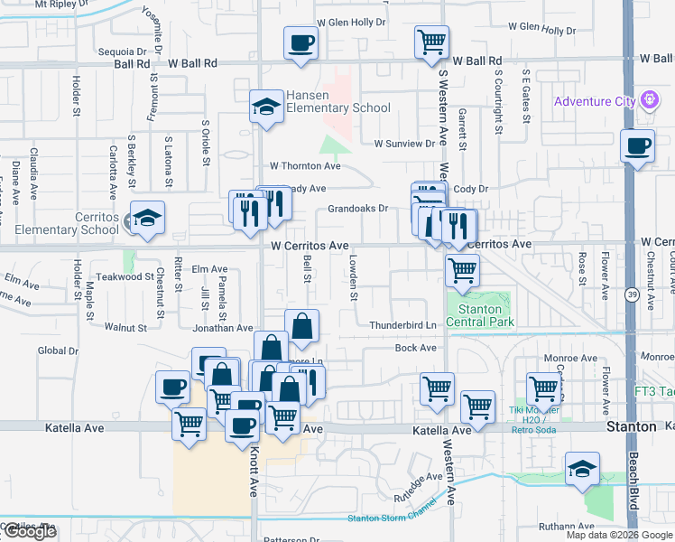 map of restaurants, bars, coffee shops, grocery stores, and more near 10603 Lowden Street in Stanton