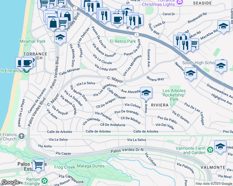 map of restaurants, bars, coffee shops, grocery stores, and more near 461 Calle De Aragon in Redondo Beach