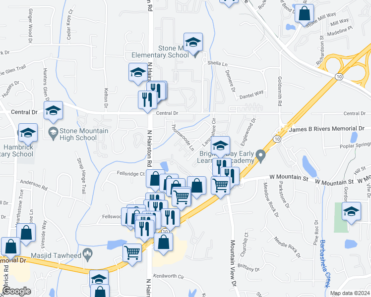 map of restaurants, bars, coffee shops, grocery stores, and more near 1037 Thornwoode Lane in Stone Mountain