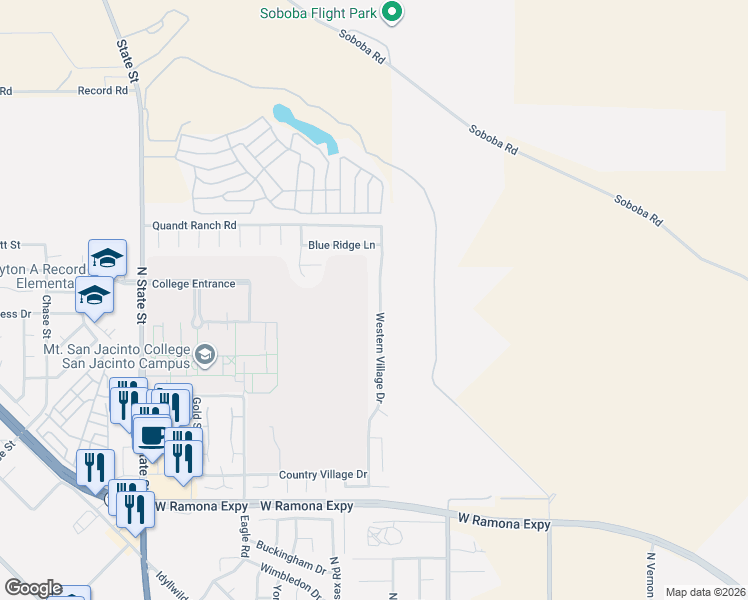 map of restaurants, bars, coffee shops, grocery stores, and more near 1586 Western Village Drive in San Jacinto