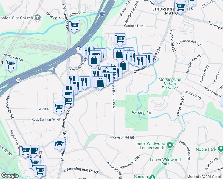map of restaurants, bars, coffee shops, grocery stores, and more near 1990 Wellbourne Drive Northeast in Atlanta