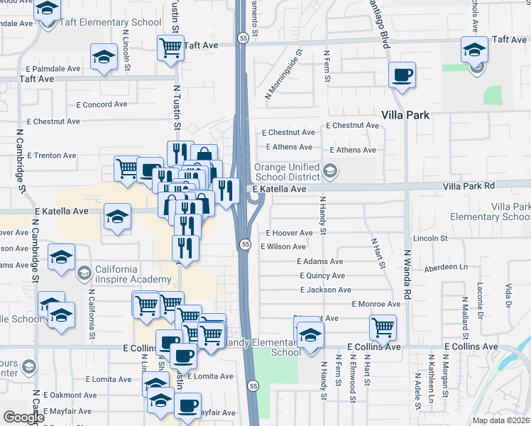 map of restaurants, bars, coffee shops, grocery stores, and more near 1260 North Sacramento Street in Orange