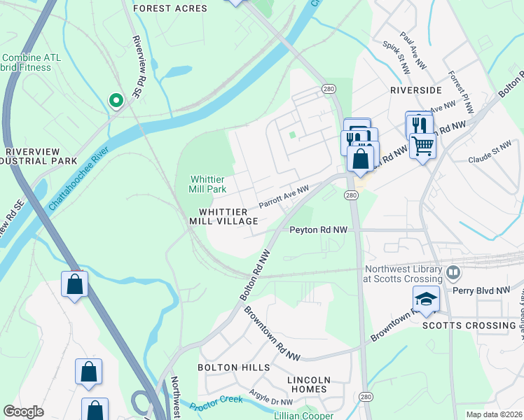 map of restaurants, bars, coffee shops, grocery stores, and more near 2884 Macaw Street Northwest in Atlanta