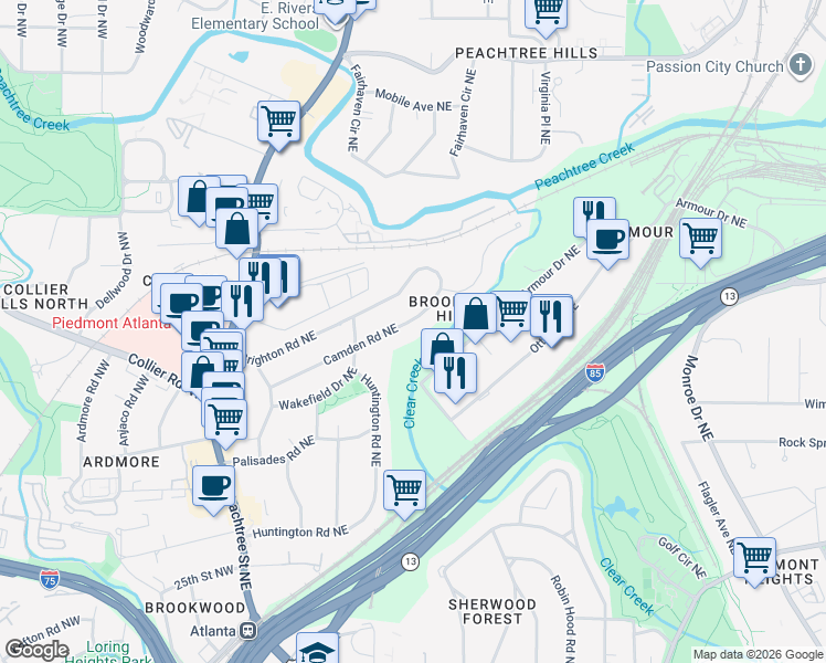 map of restaurants, bars, coffee shops, grocery stores, and more near 221 Camden Road Northeast in Atlanta