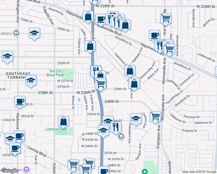 map of restaurants, bars, coffee shops, grocery stores, and more near 1580 238th Street in Los Angeles