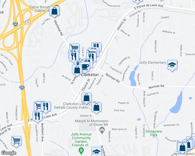 map of restaurants, bars, coffee shops, grocery stores, and more near 1055 Rowland Street in Clarkston