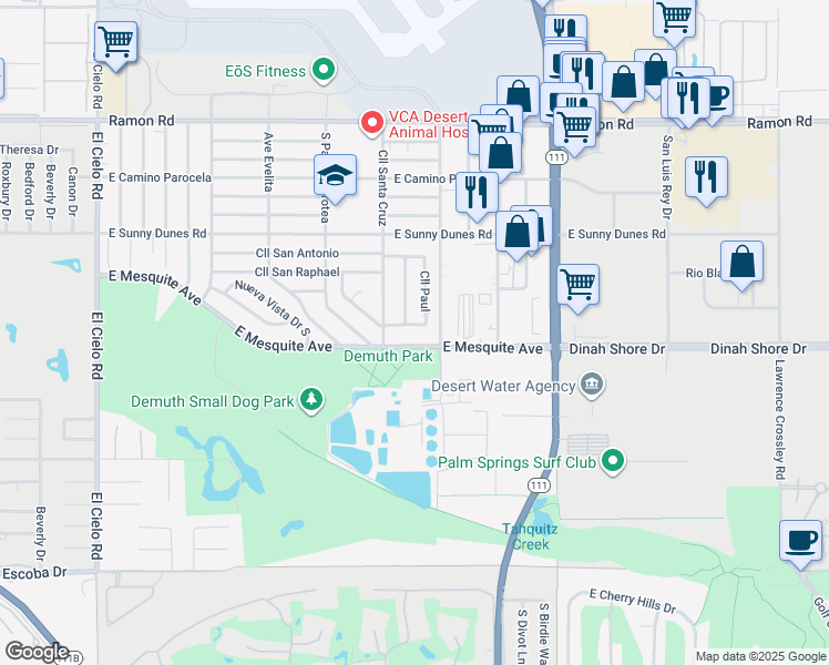 map of restaurants, bars, coffee shops, grocery stores, and more near 4385 East Pso Caroleta in Palm Springs
