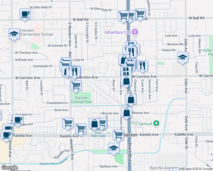 map of restaurants, bars, coffee shops, grocery stores, and more near 10609 Braeswood Way in Stanton