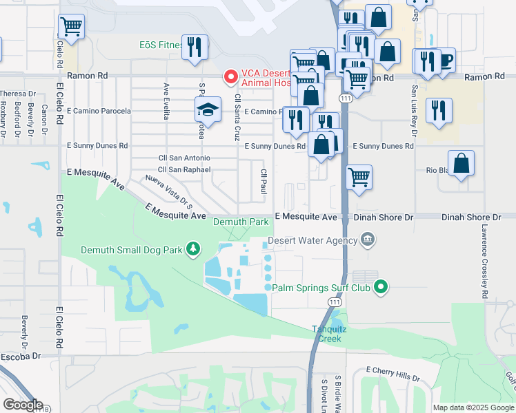 map of restaurants, bars, coffee shops, grocery stores, and more near 4385 East Pso Caroleta in Palm Springs