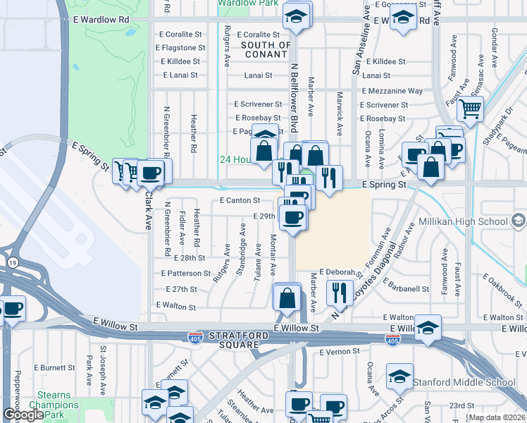 map of restaurants, bars, coffee shops, grocery stores, and more near 2879 Montair Avenue in Long Beach