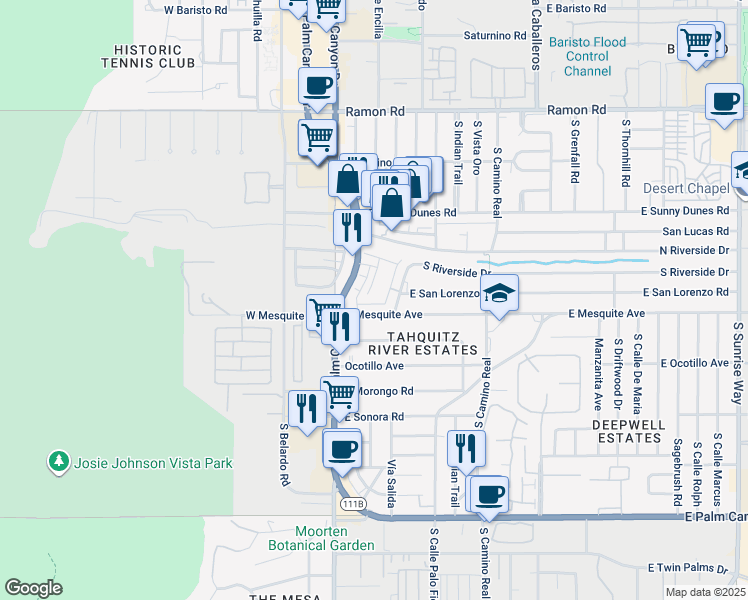 map of restaurants, bars, coffee shops, grocery stores, and more near 274 Mayfair Way in Palm Springs