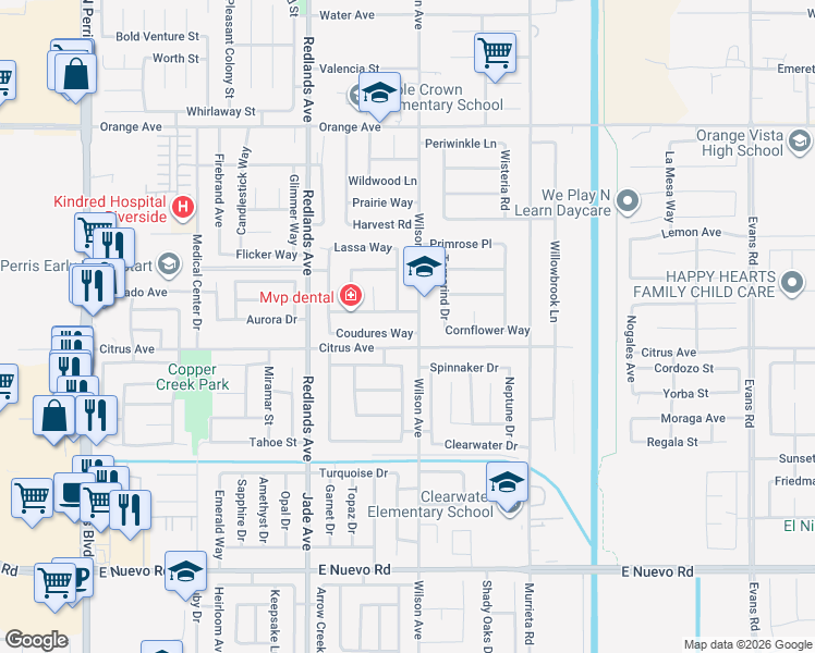 map of restaurants, bars, coffee shops, grocery stores, and more near 573 Coudures Way in Perris
