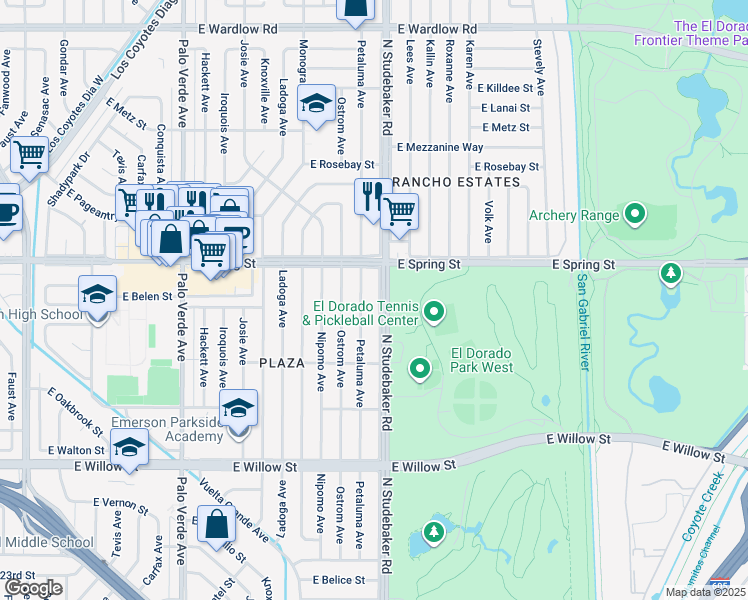 map of restaurants, bars, coffee shops, grocery stores, and more near 2919 North Studebaker Road in Long Beach