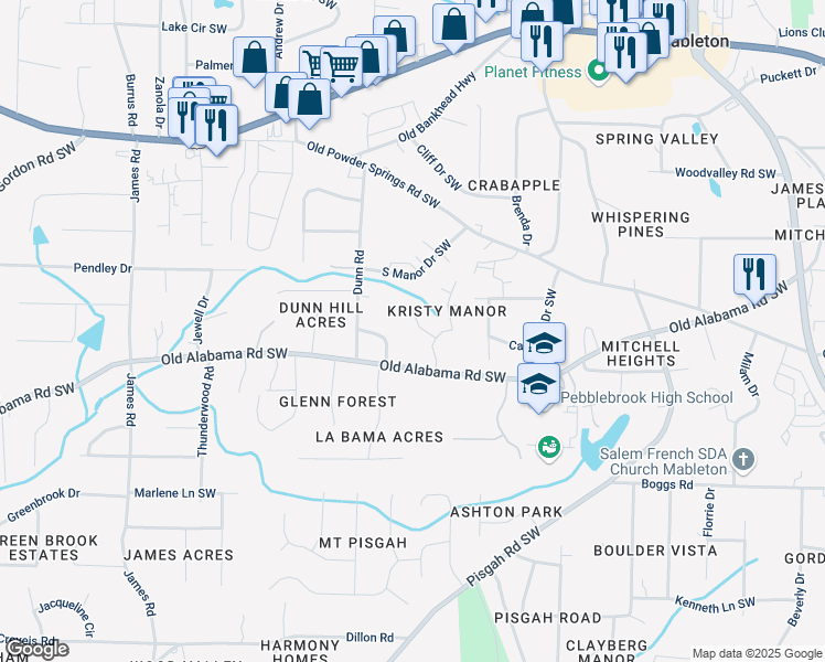 map of restaurants, bars, coffee shops, grocery stores, and more near 1031 Bettina Court in Mableton