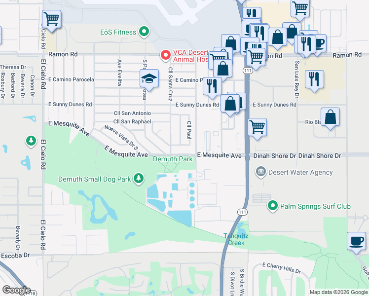 map of restaurants, bars, coffee shops, grocery stores, and more near 4375 East Mesquite Avenue in Palm Springs