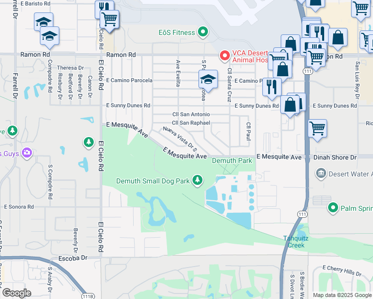 map of restaurants, bars, coffee shops, grocery stores, and more near 3901 East Mesquite Avenue in Palm Springs